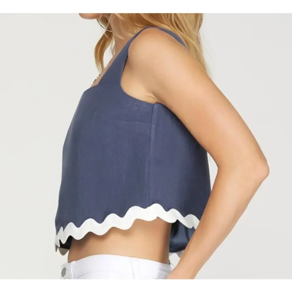 Fab'rik Scallop Hem Square Neck Linen Blend Tank Top NEW Size Medium - Picture 2 of 11